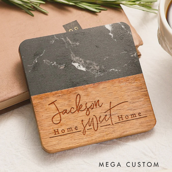 Personalized Coasters Wedding Housewarming Gift Custom Marble and Wood Coaster Home Sweeet Home Engraved Engagement Gift for Couple New Home Gift