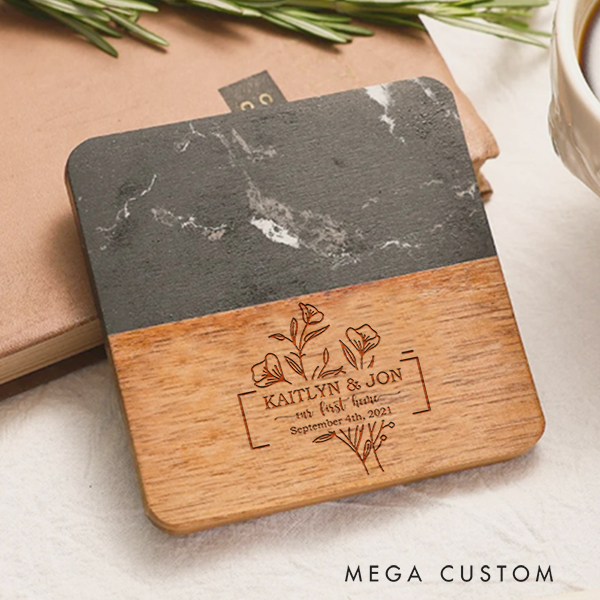 Personalized Marble and Wood Coaster Floral First Home Coaster Wedding Housewarming Gift New Home Gift for Couple Coasters Anniversary Gift