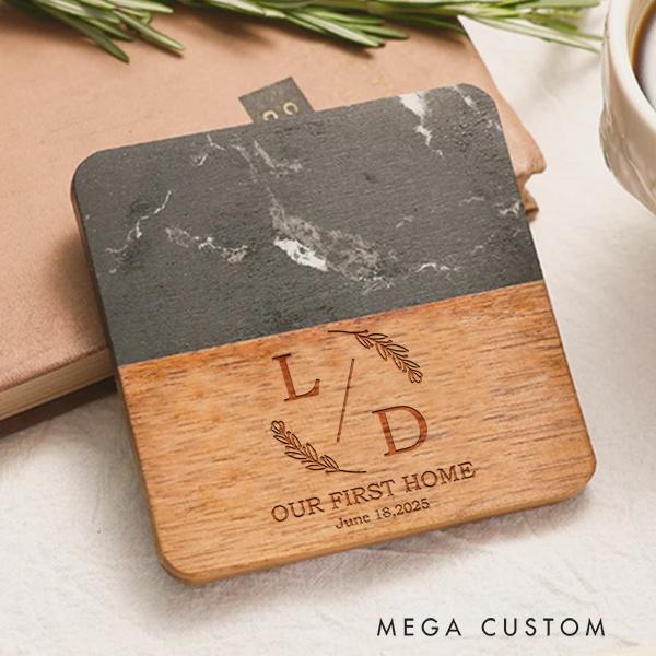 Personalized Minimalist Initials Coaster Custom Marble and Wood Coaster Wedding Housewarming Gift New Home Gift Our First Home for Couple Coasters