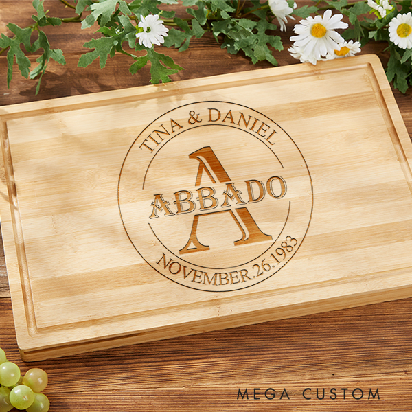 Personalized Cutting Board Wedding Housewarming Cutting Board Gift Custom Bamboo Charcuterie Board Real Estate Closing Gift Classic Monogram