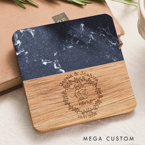 Personalized Marble and Wood Coaster First Home Wreath Coaster Elegant Housewarming Gift New Home Gift Our First Home for Couple Anniversary Gift