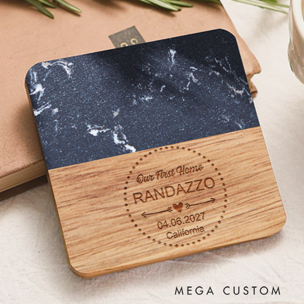 Personalized Marble and Wood Coaster Custom First Home Coaster Wedding Housewarming Gift New Home Gift Our First Home for Couple Coasters