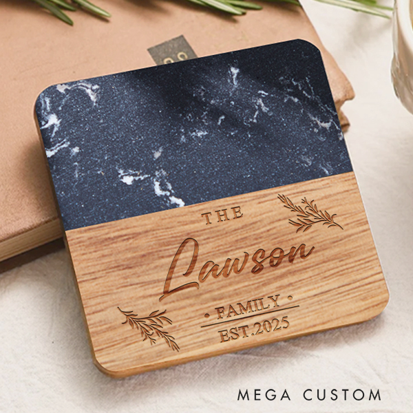 Personalized Botanical Family Coaster Custom Marble Wooden Coaster Housewarming Gifts Anniversary Gift for Couples New Home Gift Christmas Gifts