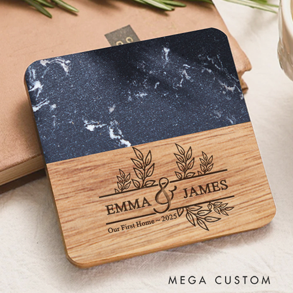 Personalized Our First Home Gift for Couple Coasters Custom Marble and Wood Coaster Engraved Wedding Coasters Housewarming Party Gift New Home Gift