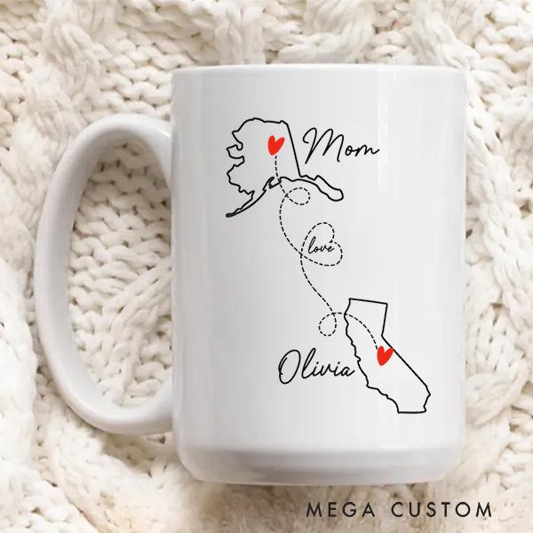 Personalized Mother Daughter Long Distance State Mug Hearts Over Cities Daughter Gift Housewarming Gift Moving Away Gift For Mom and Daughter Mother