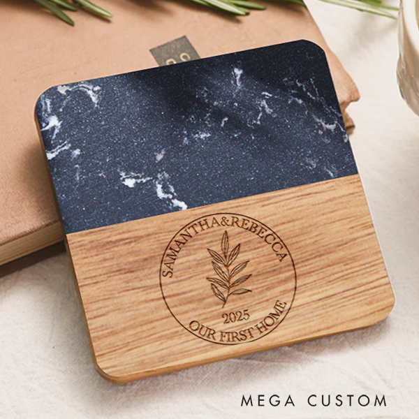 Personalized Marble And Wood Coaster Elegant First Home Coaster Housewarming Keepsake Wedding Gift New Home Gift Our First Home for Couple