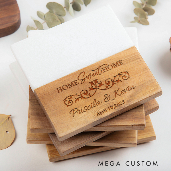 Personalized Coasters Wedding Housewarming Gift Custom Marble and Wood Coaster Ornate Home Sweet Home Coaster Engraved Engagement Gift for Couple