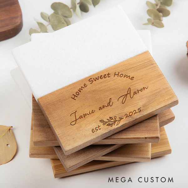Personalized Coasters Wedding Housewarming Gift Custom Marble and Wood Coaster Home Sweet Home Coaste Celebrating New Beginnings