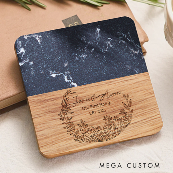 Personalized Coasters Custom Marble and Wood Coaster Floral Wreath Our First Home Coaster Wedding Housewarming Gift New Home Gift Anniversary Gift