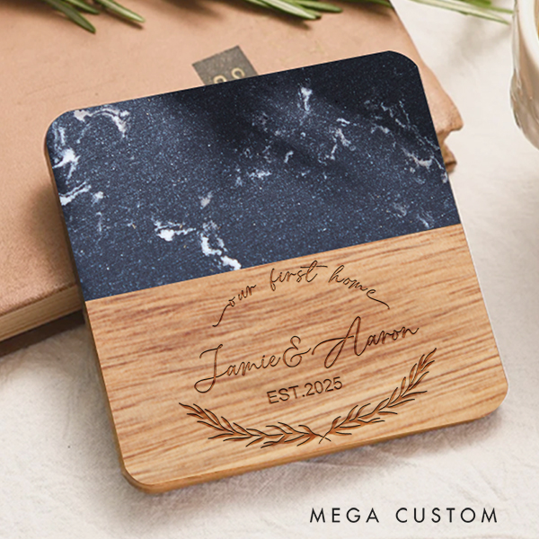 Personalized Marble and Wood Coaster Our First Home for Couple Coasters Housewarming Gift Elegant Keepsake for Celebrating New Beginnings