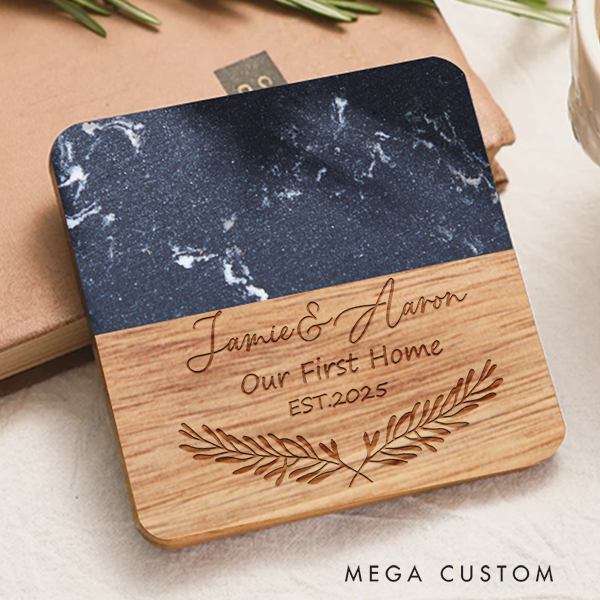 Personalized Coasters Custom Marble and Wood Coaster Our First Home Wreath Coaster for Couple Wedding Housewarming Gift New Home Gift Anniversary Gift