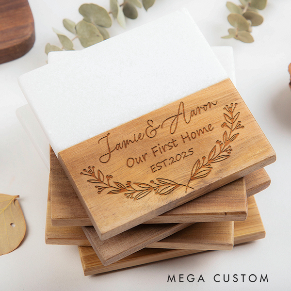Personalized Coasters Custom Marble and Wood Coaster Our First Home for Couple Coasters Wedding Housewarming Gift Cherished Housewarming Memories