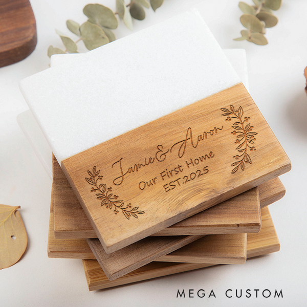 Personalized Marble and Wood Coaster Our First Home Floral Accent Coaster Couple Coasters Wedding Housewarming Gift New Home Gift Anniversary Gift