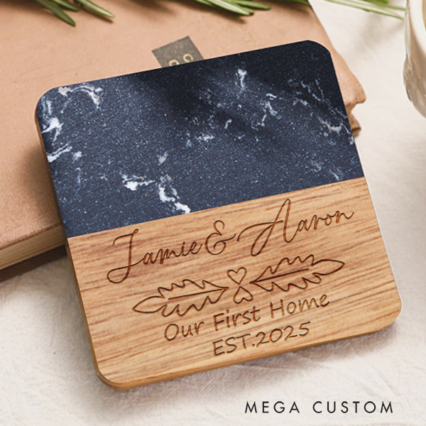 Personalized Marble and Wood Coaster Our First Home for Couple Coasters Custom Wedding Housewarming Gift New Home Gift Anniversary Gift