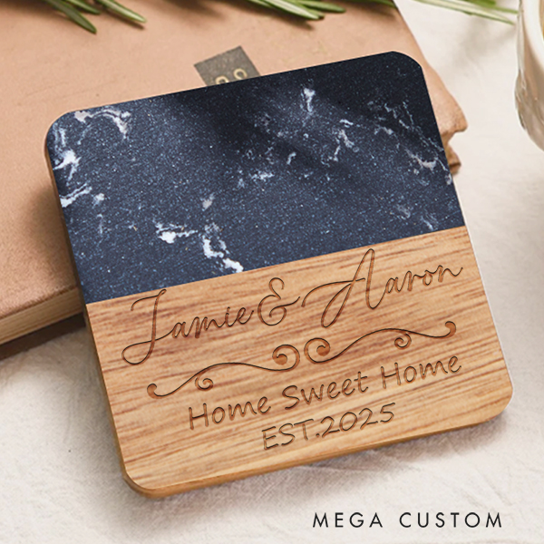 Personalized Marble and Wood Coaster Wedding Housewarming Gift Custom Engraved Home Sweet Home Couple Gift New Home Gift Valentines Gift