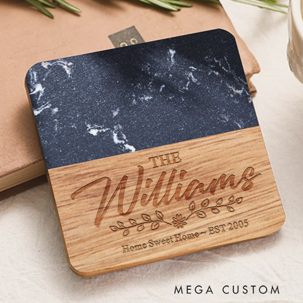 Personalized Engraved Coasters Wedding Housewarming Gift Custom Marble and Wood Coaster Home Sweet Home Couple Gift Valentines Gift New Home Gift 