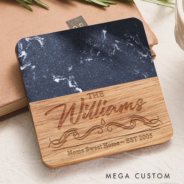 Personalized Coasters Wedding Housewarming Gift Custom Marble and Wood Coaster Engraved Home Sweet Home Couple Gift New Home Gift Moving Gifts