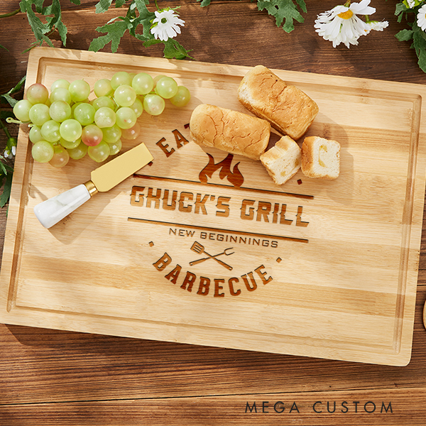 Personalized Cutting Board BBQ Cutting Board for Dad Housewarming Gift Father's Day Gift for Him Barbecue Themed Design Featuring Flames