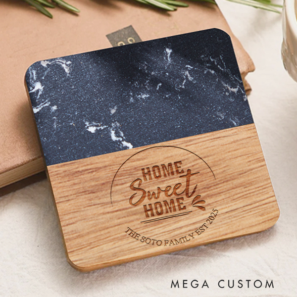 Personalized Marble and Wood Coaster Floral Accent Home Sweet Home Coaster New Home Gift for Couple Housewarming Coasters Moving Gifts Home Sweet Home