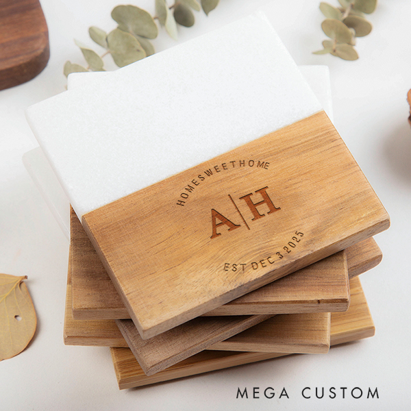 Personalized Modern Monogram Home Coaster Custom Marble and Wood Coaster New Home Gift for Couple Engraved Wedding Housewarming Coasters