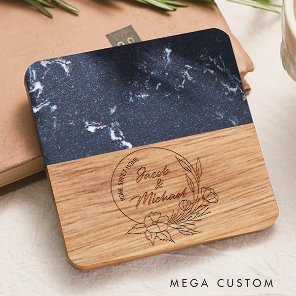 Personalized Marble and Wood Coaster Floral Script Home Coaster New Home Gift for Couple Custom Engraved Wedding Housewarming Coaster Home Sweet Home