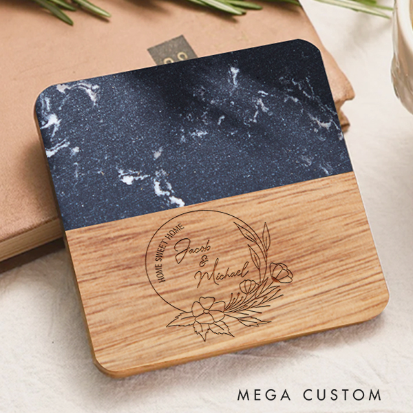 Personalized Marble and Wood Coaster New Home Gift for Couple Custom Engraved Wedding Housewarming Coasters Moving Gifts Home Sweet Home Gift
