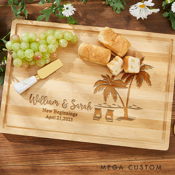 Personalized Handmade Cutting Board Personalized Tropical Beach Design Wedding & Anniversary Gift for Couples Housewarming and Closing Present