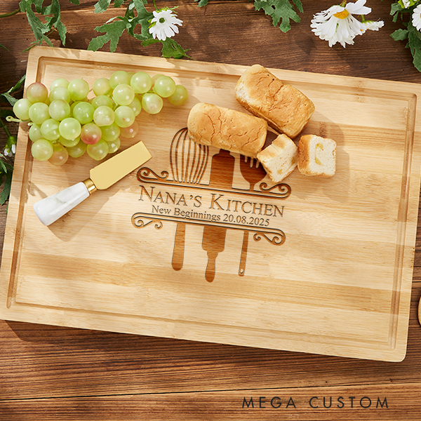 Personalized Cutting Board Mothers Day Gift Grandma Gift New Beginnings Gifts Housewarming Gift Engraved Bamboo Charcuterie Board Nana's Kitchen