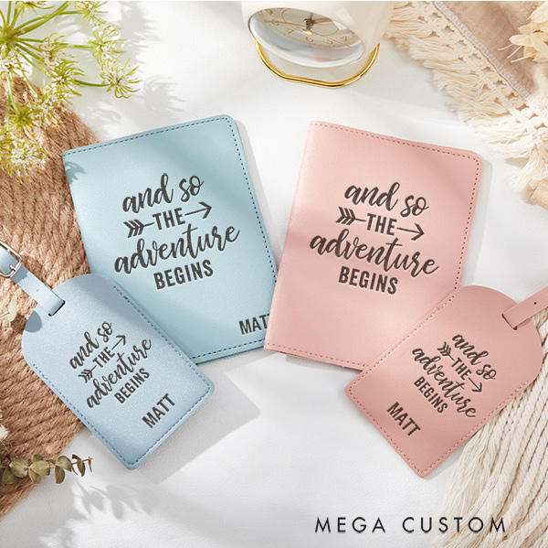 Personalized And So the Adventure Begins Passport Holder and Luggage Tag Set Custom Gift for Traveling Lovers
