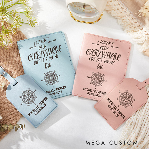 Personalized I Haven't Been Everywhere But It's on My List Passport Holder and Luggage Tag Set Custom Gift for Traveling Lovers