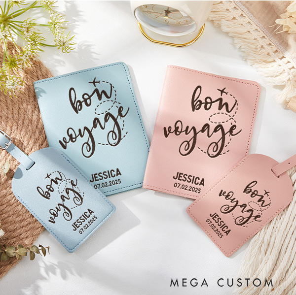 Personalized Bon Voyage Passport Holder and Luggage Tag Set Gift for Traveling Lovers