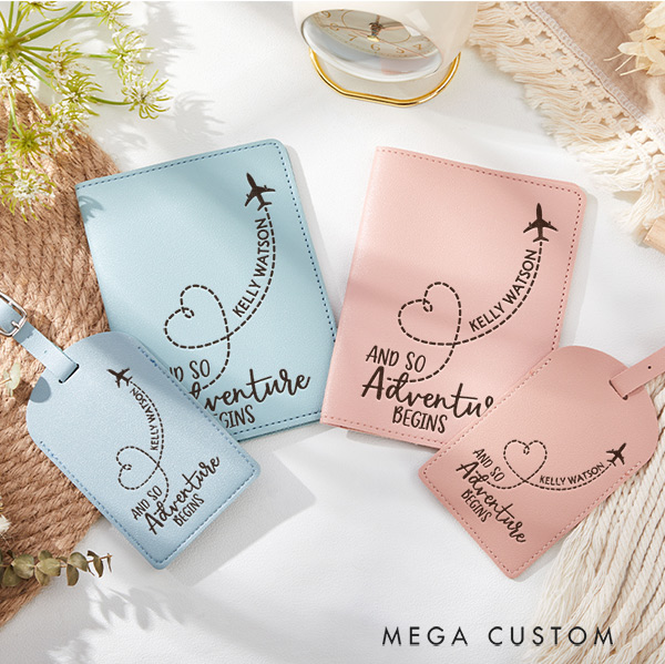 Personalized And So Adventure Begins Passport Holder and Luggage Tag Set Gift for Traveling Lovers Traveler Gift Leather Passport Cover