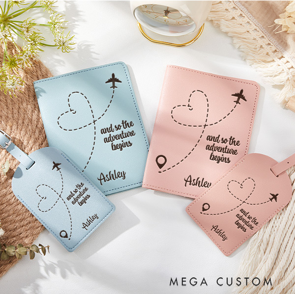 Personalized And So the Adventure Begins Passport Holder and Luggage Tag Set Gift for Traveling Lovers Leather Passport Cover