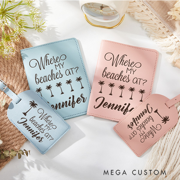 Personalized Where My Beaches at Passport Holder and Luggage Tag Set Gift for Traveling Lovers Leather Passport Cover