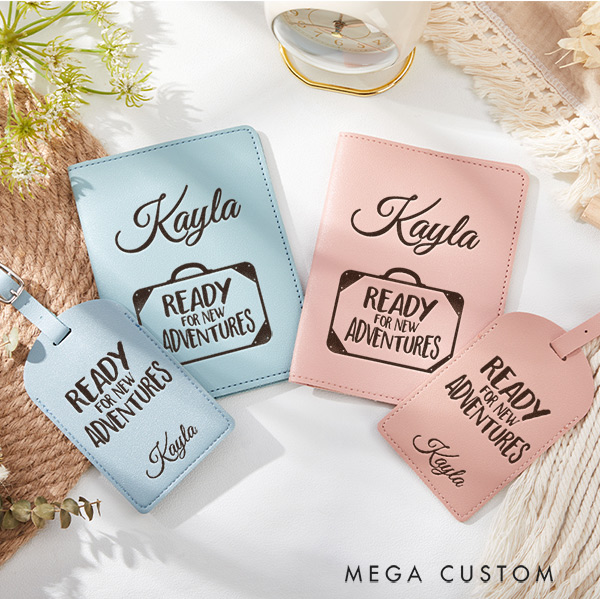 Personalized Ready for New Adventures Passport Holder and Luggage Tag Set Gift for Traveling Lovers Leather Passport Cover