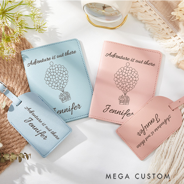 Personalized Adventure is out there Passport Holder and Luggage Tag Set Gift for Traveling Lovers Leather Passport Cover