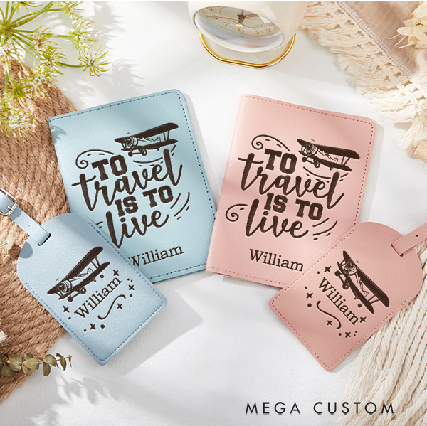Personalized to Travel Is to Live Passport Holder and Luggage Tag Set for Traveling Lovers Personalized Travel Gifts
