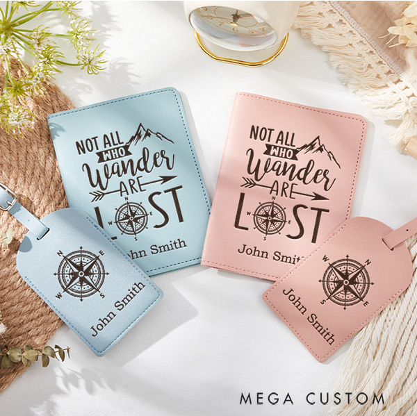 Personalized Not All Who Wander are Lost Engraved Leather Passport Holder and Luggage Tag Set Gift for Traveling Lovers Travelers Gift