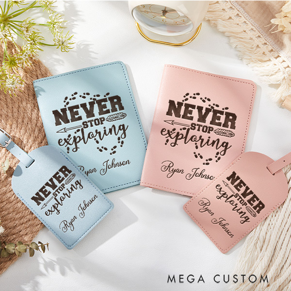 Personalized Never Stop Exploring Passport Holder and Luggage Tag Set for Traveling Lovers Personalized Travel Gifts