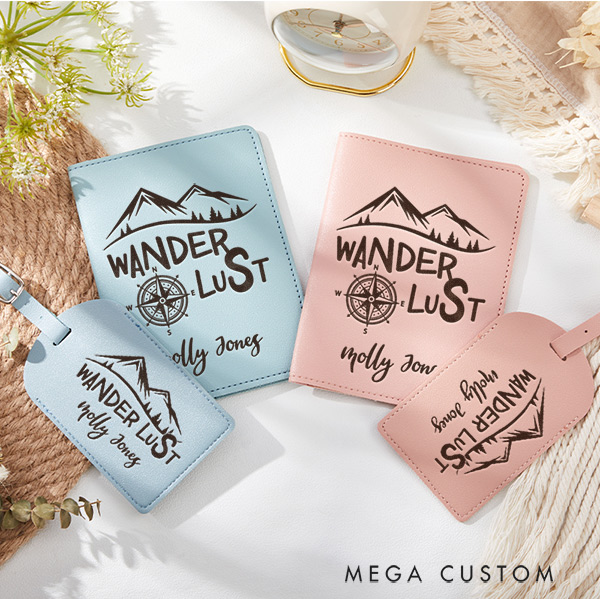 Personalized Wanderlust Engraved Leather Passport Holder and Luggage Tag Set Gift for Traveling Lovers Cool Travelers Gift