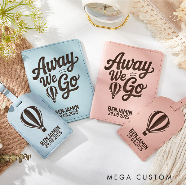 Personalized Away We Go Engraved Leather Passport Holder and Luggage Tag Set Gift for Traveling Lovers Cute Travelers Gift