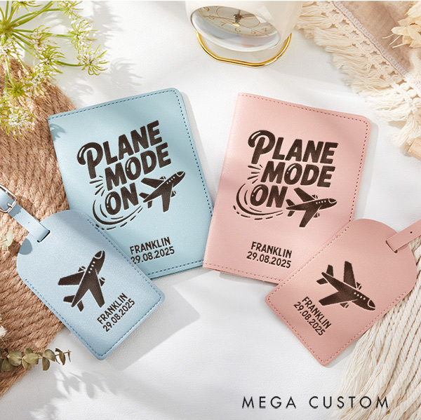 Personalized Plane Mode on Passport Holder and Luggage Tag Set for Traveling Lovers Leather Traveling Passport Wallet Gift