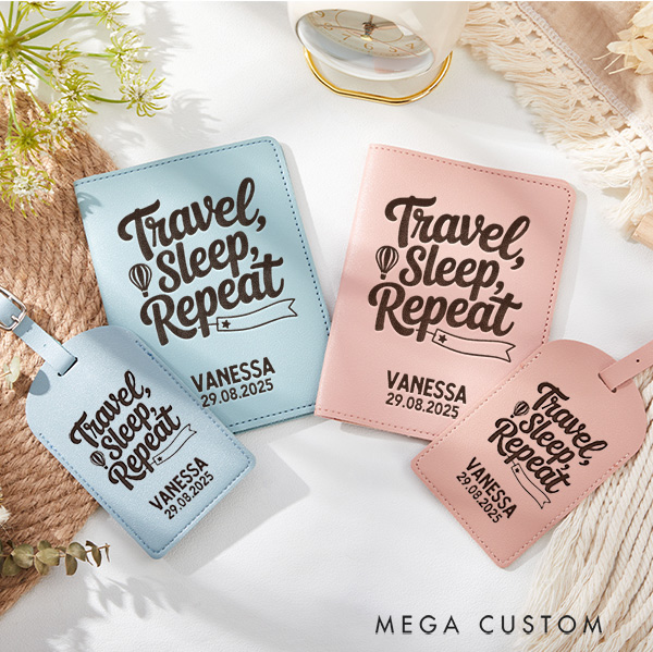 Personalized Travel Sleep Repeat Passport Holder and Luggage Tag Set Custom Gift for Traveling Lovers