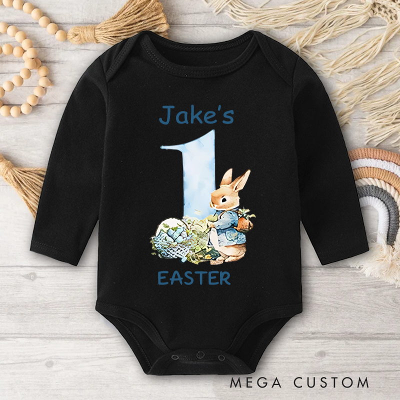 Personalized Cute Bunny 1st Easter Long Sleeve Baby Bodysuit with Name Easter Party Birthday Gift for Newborns