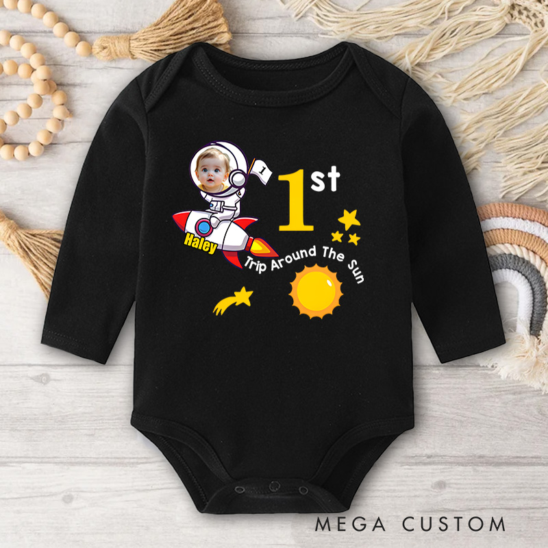 Personalized Baby Photo Rocket and Star Design for Birthday Celebration Baby Bodysuit