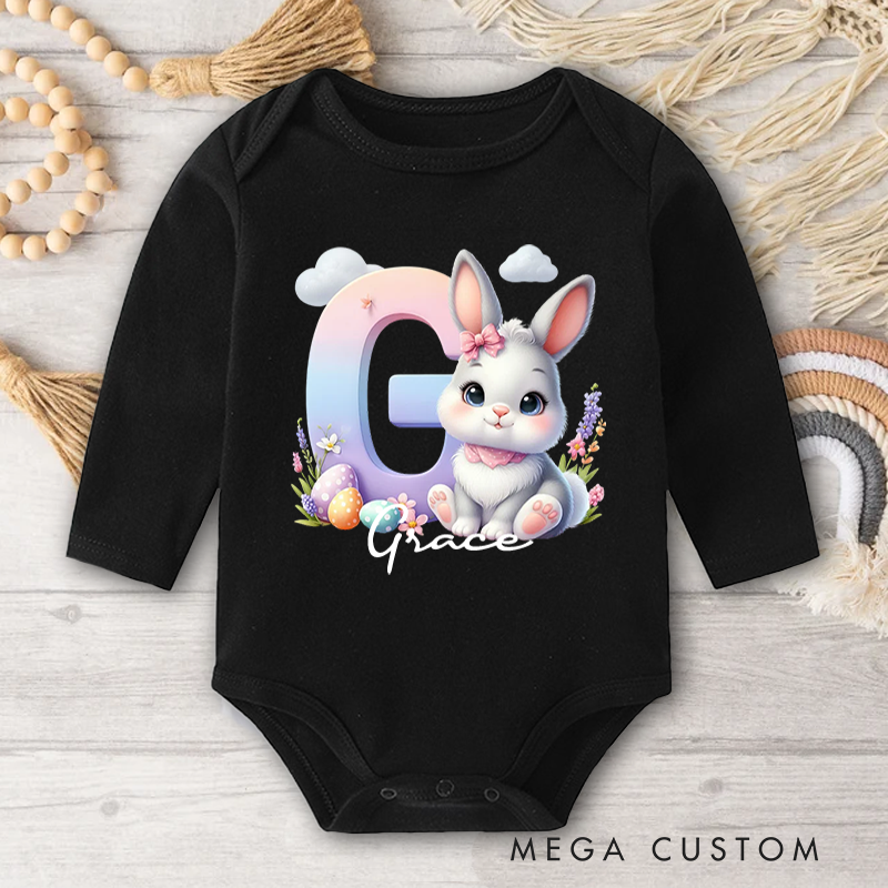 Personalized Cute Easter Bunny Initial Baby Bodysuit with Name Birthday Easter Gift for Kids Baby