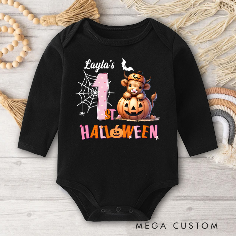 Personalized Spider Web and Pumpkin Design for Baby's First Halloween Celebration Baby Bodysuit