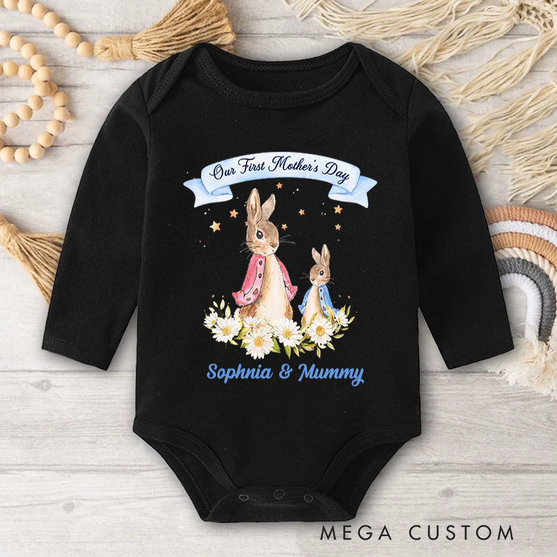 Personalized Our First Mother’s Day Peter Rabbit Bunny Floral Baby Onesie with Names Mother’s Day Baby Shower Gift