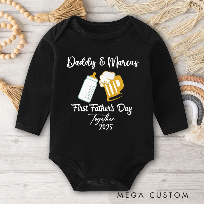 Personalized Baby Bottle and Beer Mug  Baby Onesies with Text Father's Day Birthday Gift