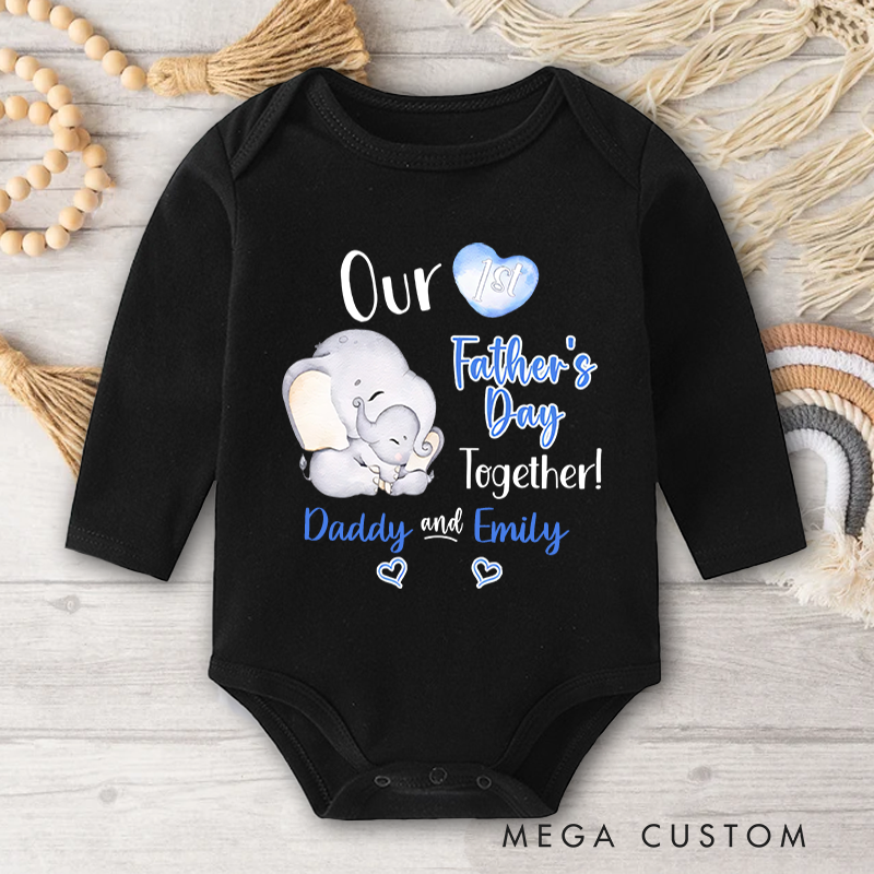 Personalized Cute Elephant Our First Father's Day Baby Onesie with Name Gift for Dad Baby